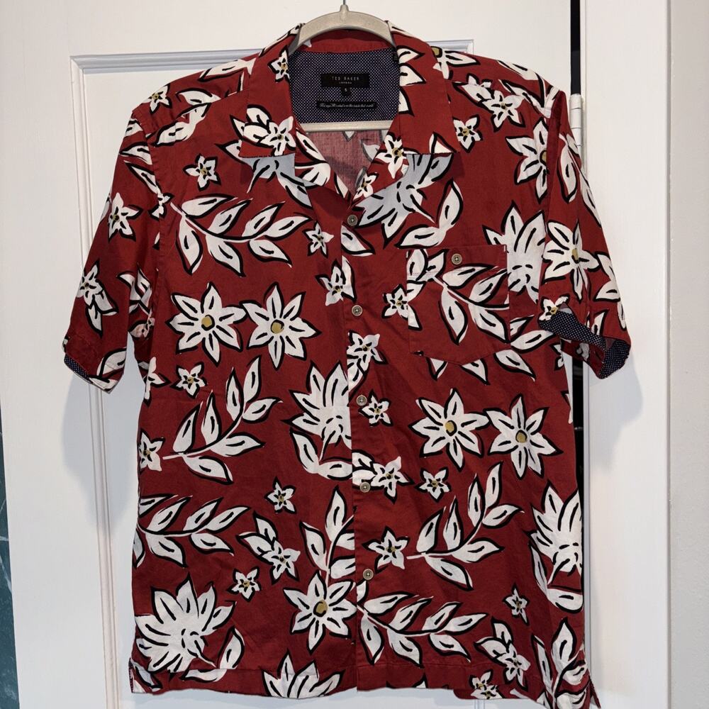 Ted Baker London Men 5 Large Hawaiian Floral Red Polka Dot Short Sleeve Shirt